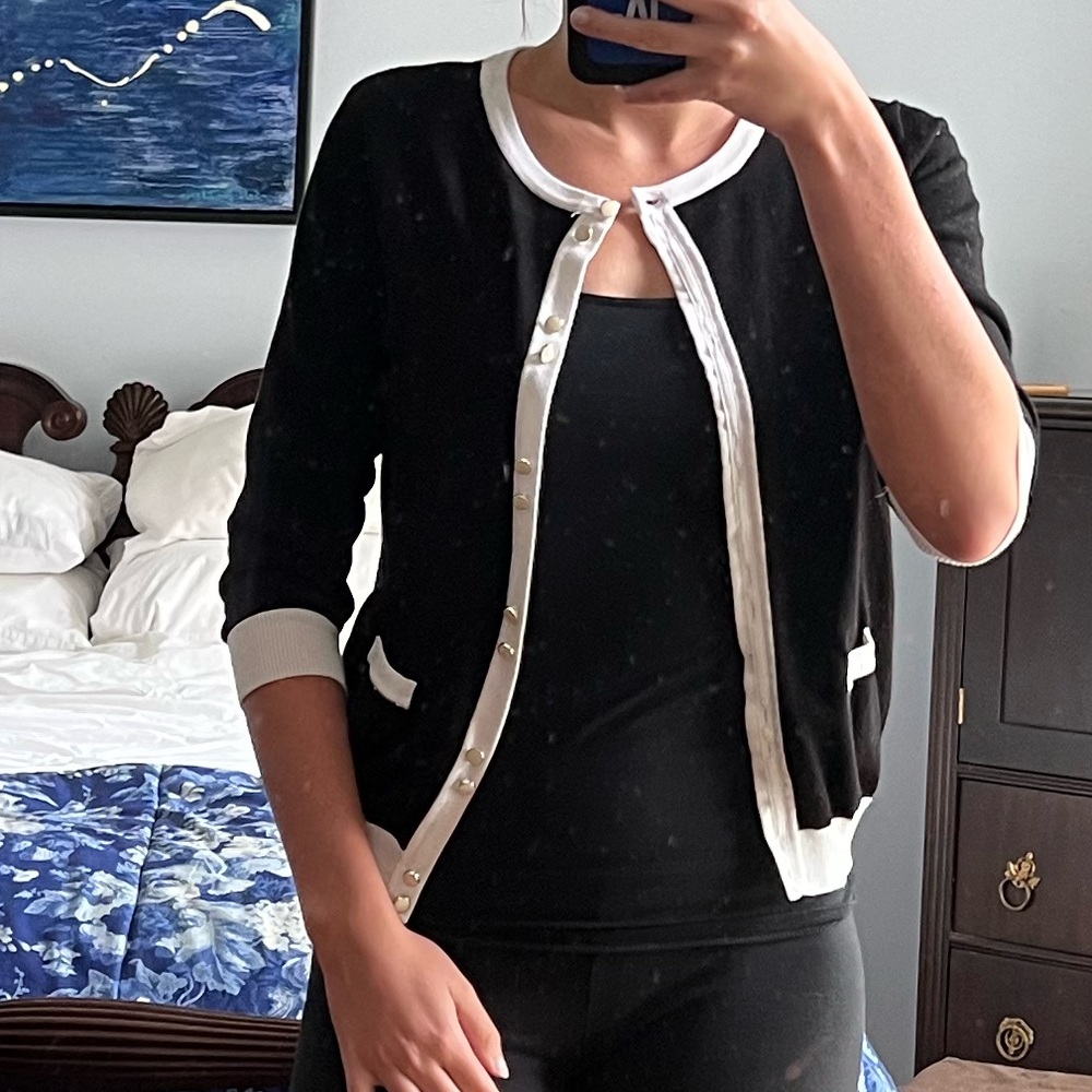 89th & Madison, black/white cardigan, rayon/polyester